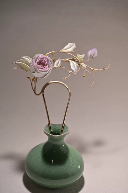 Handmade Chanhua lilac rose hairpin with leaves and metal details-2