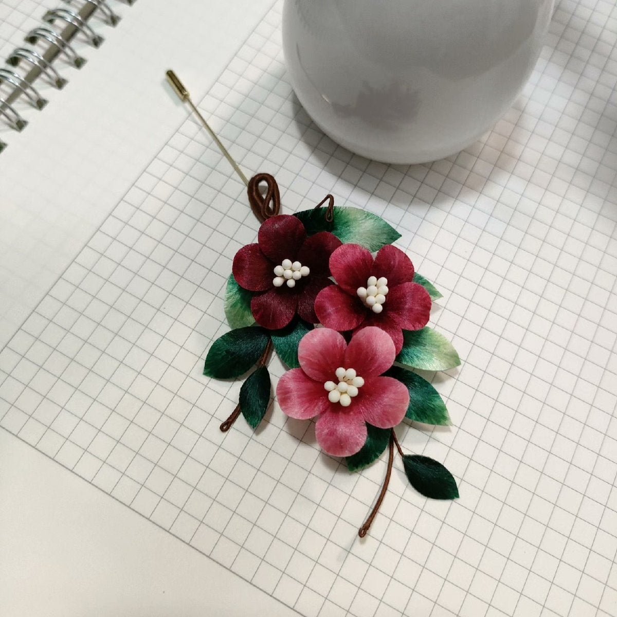 Handmade Ronghua Silk Velvet Three Flower Brooch - Pink and Red Plum Blossom