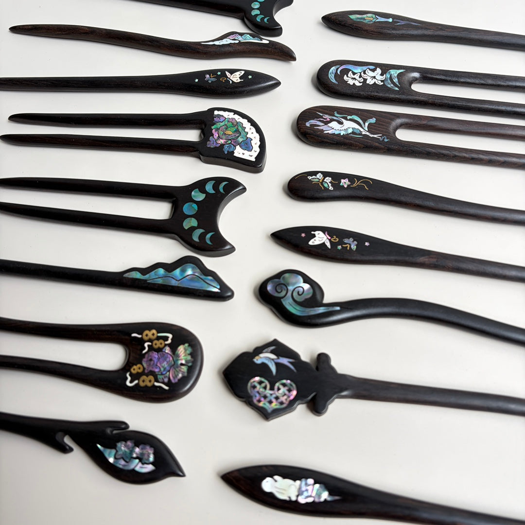 Handmade Mother-of-Pearl Inlay African Blackwood Hair Sticks | Natural Shell Inlay Hairpins