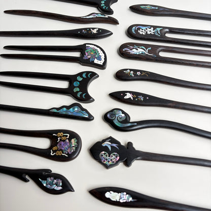 Handmade Mother-of-Pearl Inlay African Blackwood Hair Sticks | Natural Shell Inlay Hairpins