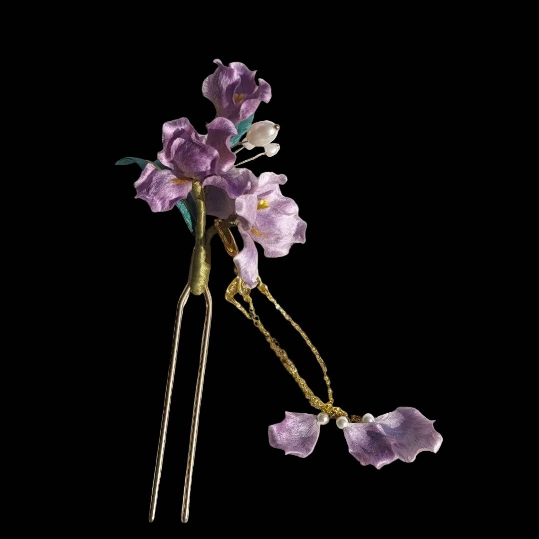 Handcrafted purple Iris Ronghua hairpin with soft velvet-textured silk petals and a delicate gold-tone tassel.