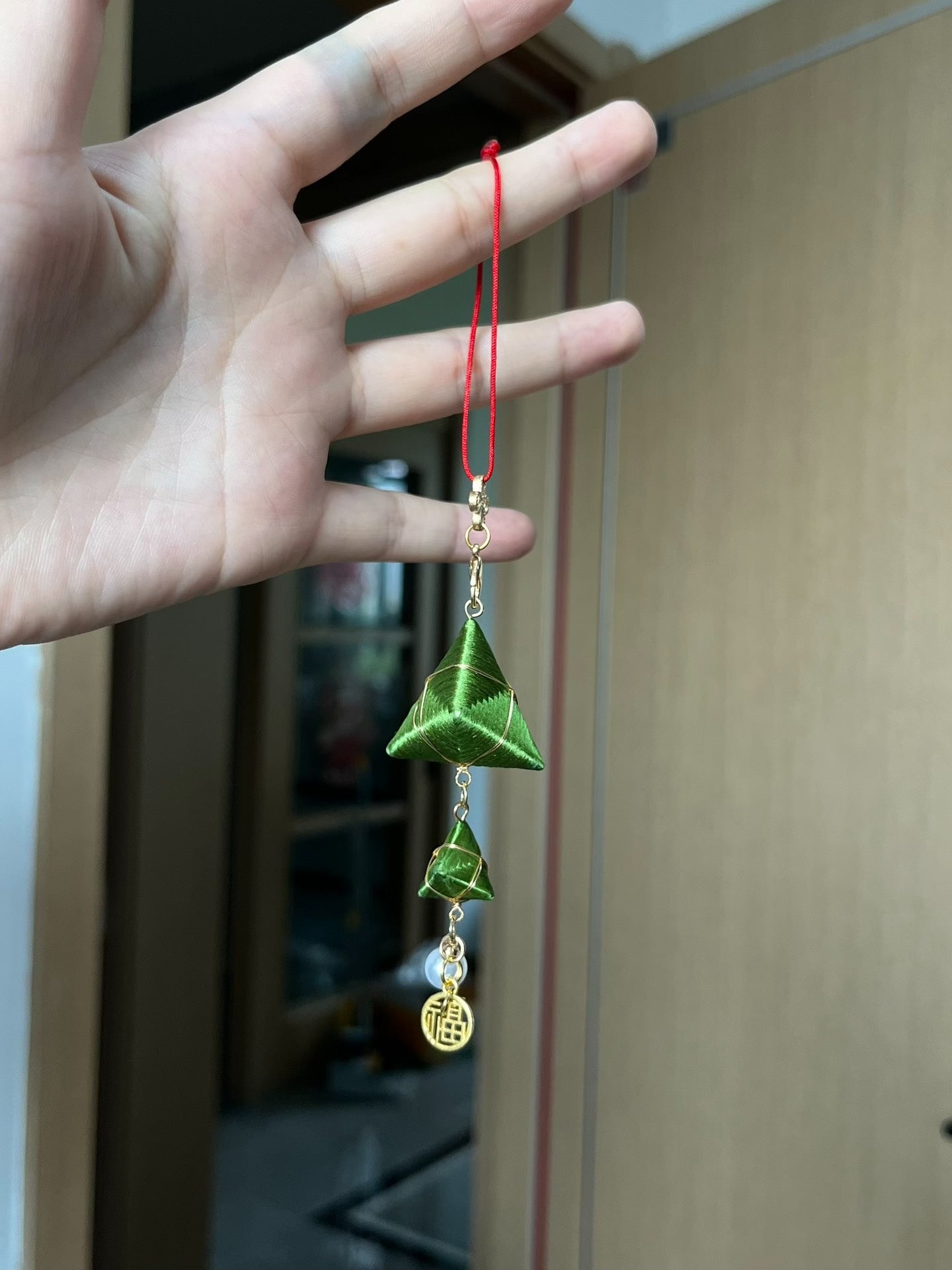 Handmade Chanhua zongzi - shaped earrings and charms with green color, golden accents and lucky "Fu" emblem-2