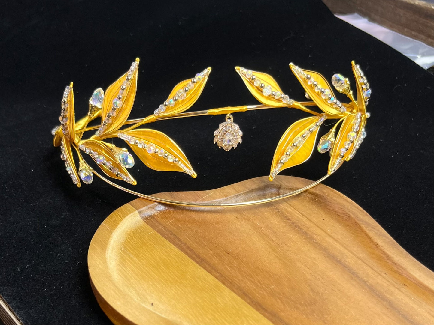 A golden yellow handmade Chanhua laurel crown with crystal embellishments-2