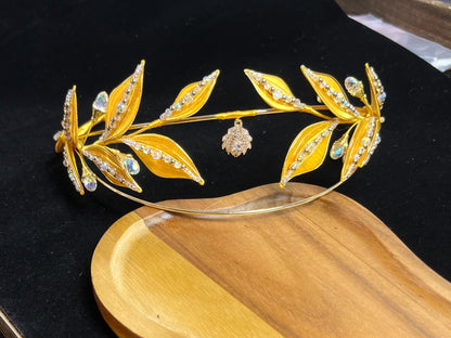A golden yellow handmade Chanhua laurel crown with crystal embellishments-2
