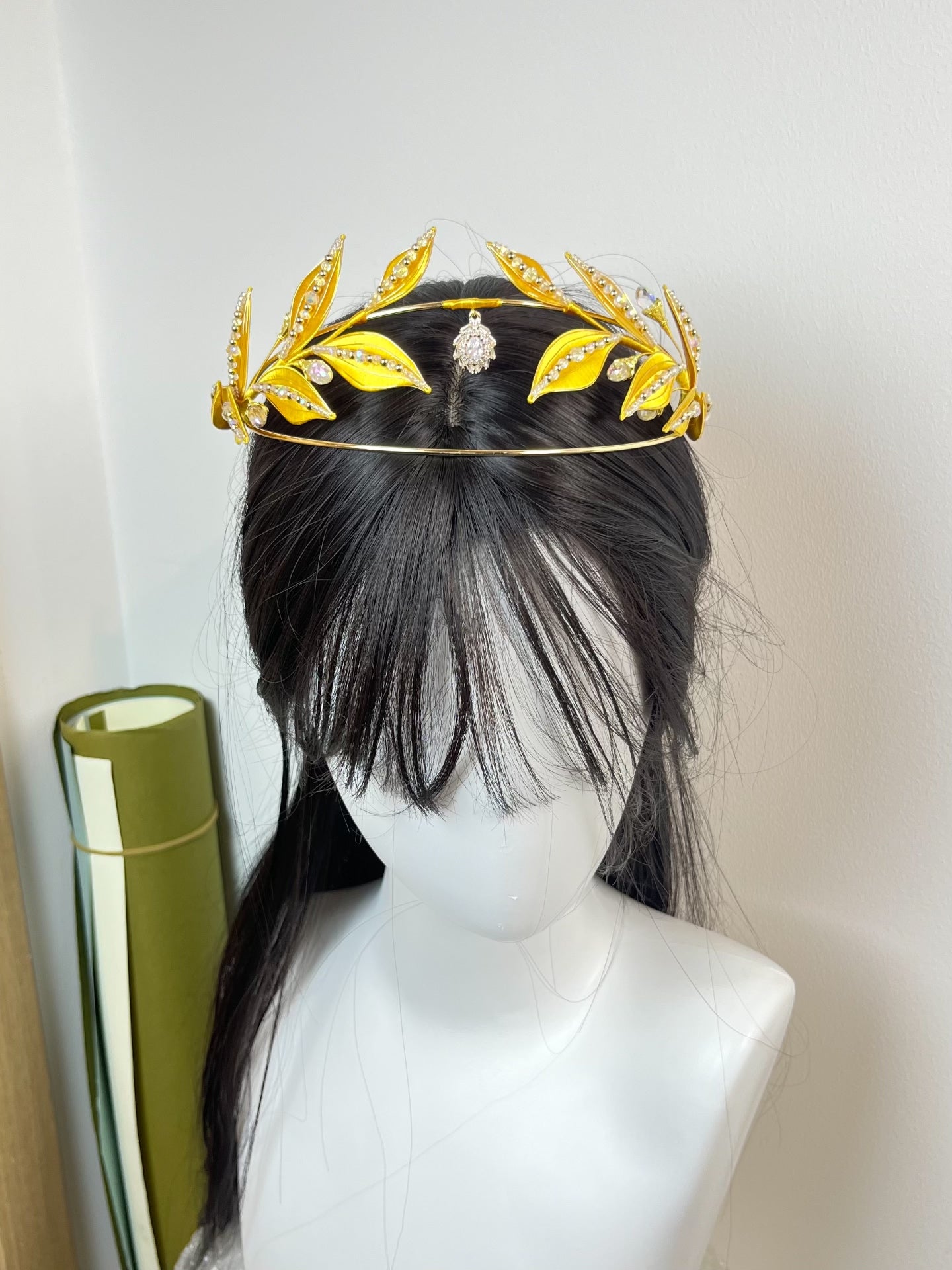 A golden yellow handmade Chanhua laurel crown with crystal embellishments-4