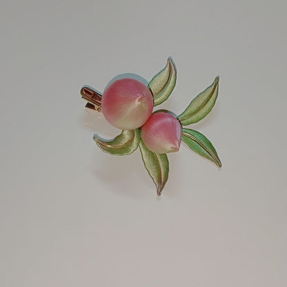 Barrette pêche enroulée de fil fait main - Accessoire artisanal de fruit Chanhua