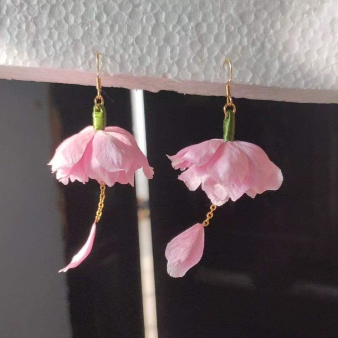 Handmade Cherry Blossom Ronghua Earrings - Artisanal Silk Floral Dangle Earrings