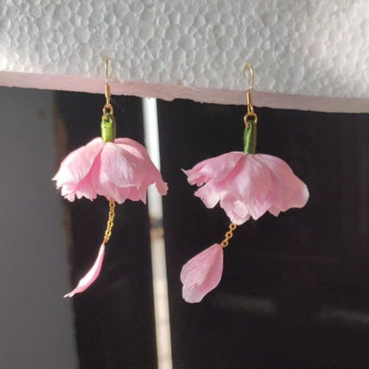 Handmade Cherry Blossom Ronghua Earrings - Artisanal Silk Floral Dangle Earrings