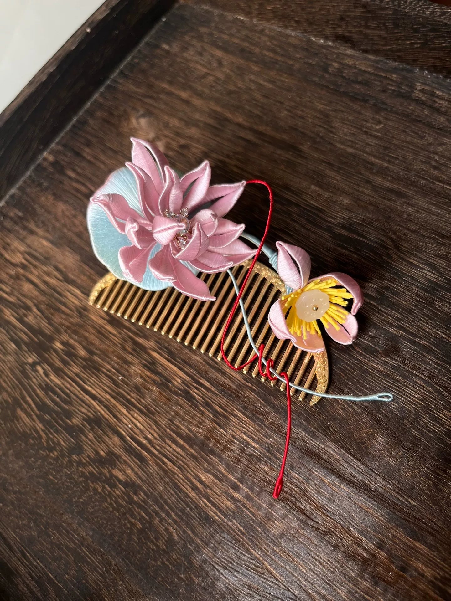 Handmade Chanhua lotus hair comb with pink and yellow flowers-2