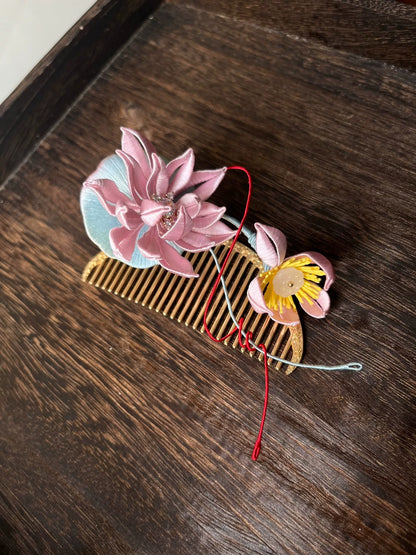 Handmade Chanhua lotus hair comb with pink and yellow flowers-2