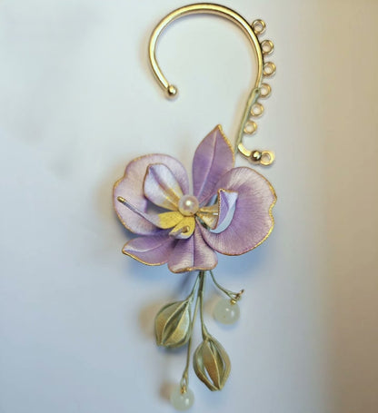 Handmade Thread-Wrapped Moth Orchid Ear Cuffs - Artisanal Chanhua Phalaenopsis Ear Jewelry