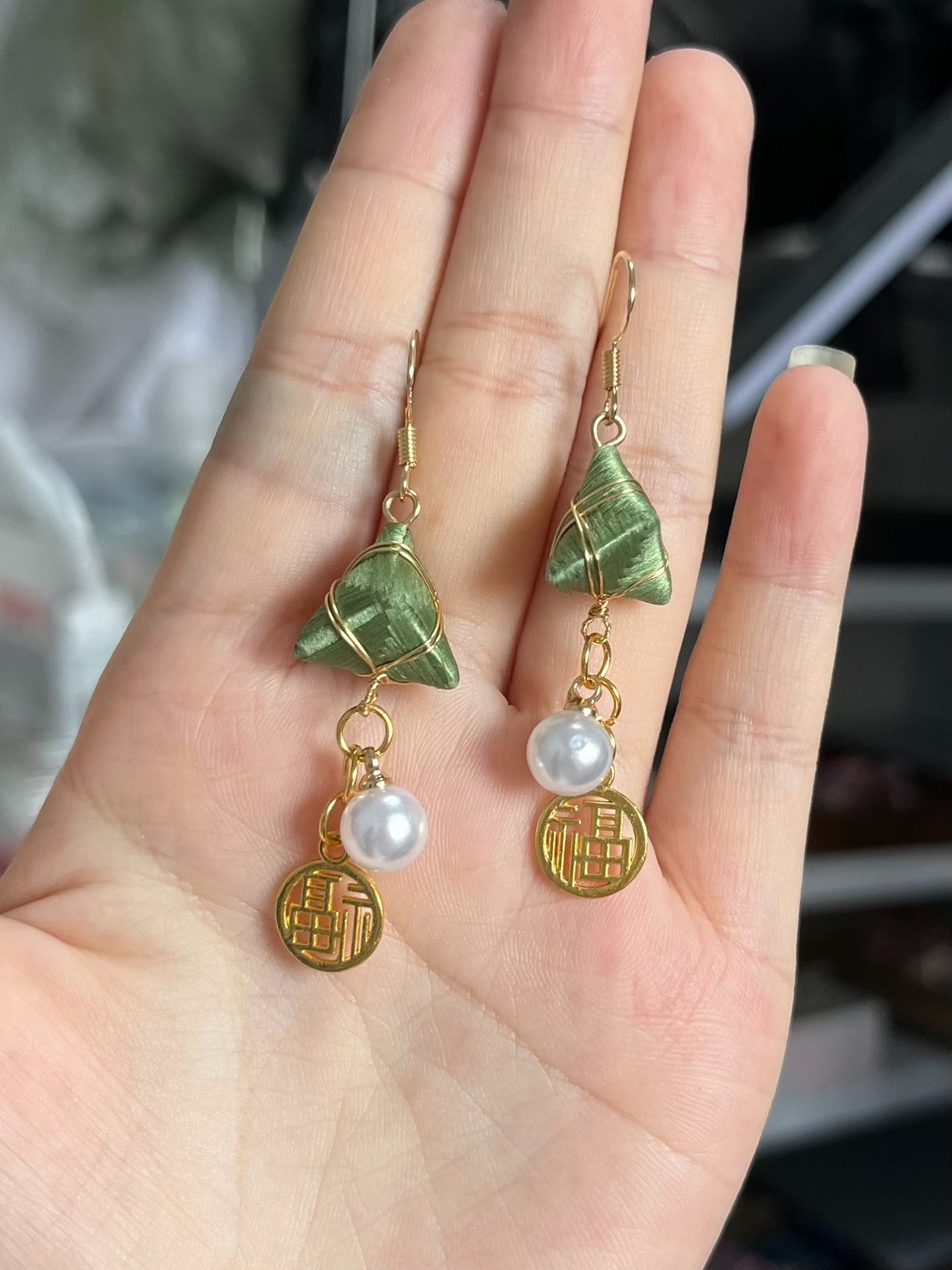 Handmade Chanhua zongzi - shaped earrings and charms with green color, golden accents and lucky "Fu" emblem-6