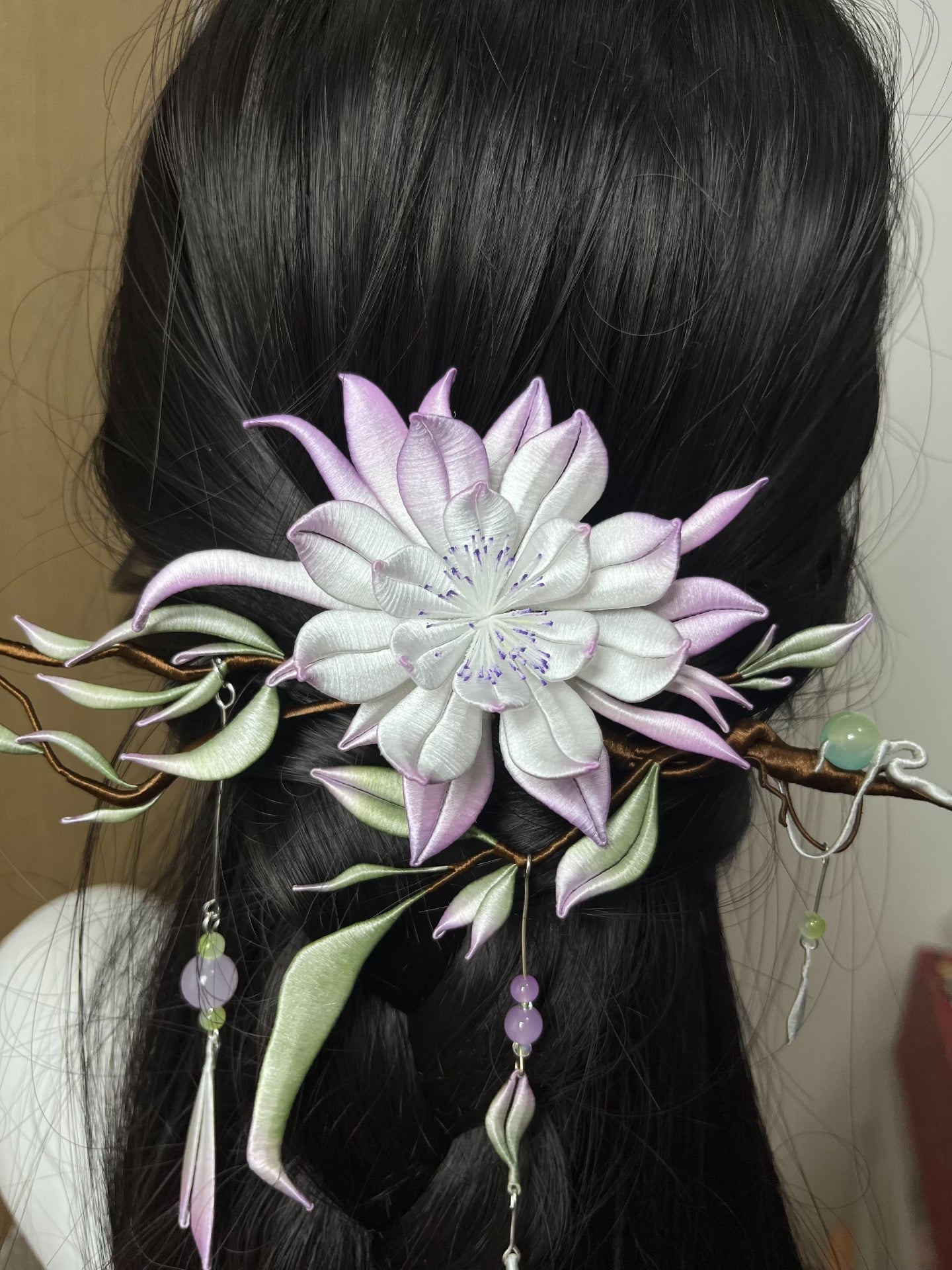 Handmade Chanhua hair ornament with a flower, leaves, and tassels-2