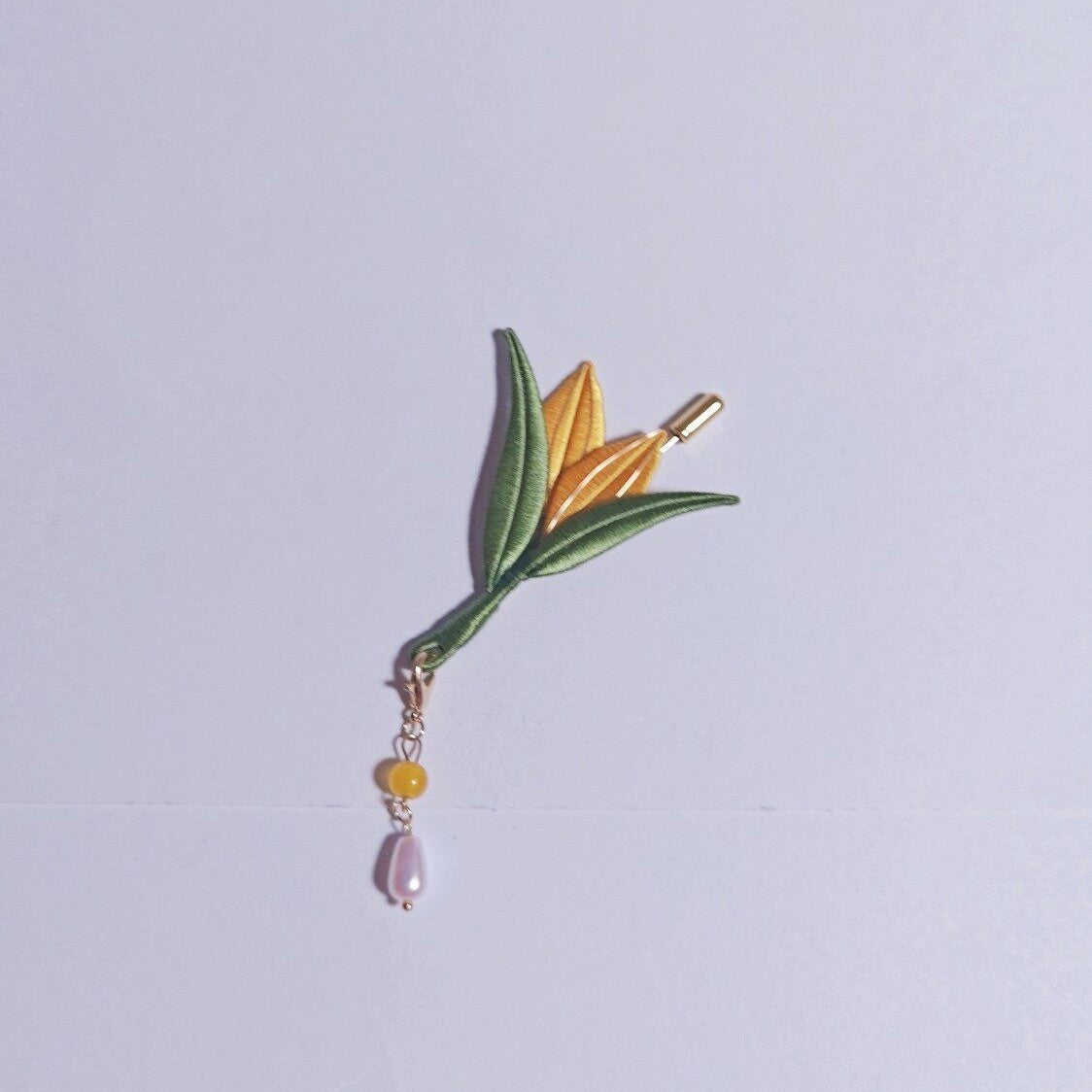 Handmade Chanhua Corn Brooch - Yellow Bud with Pearl Drop