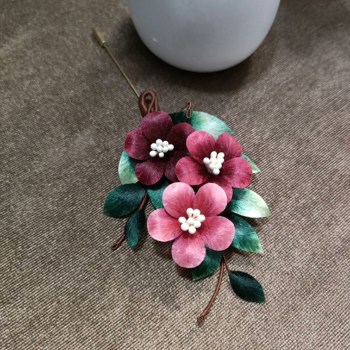 Handmade Ronghua Silk Velvet Three Flower Brooch - Pink and Red Plum Blossom