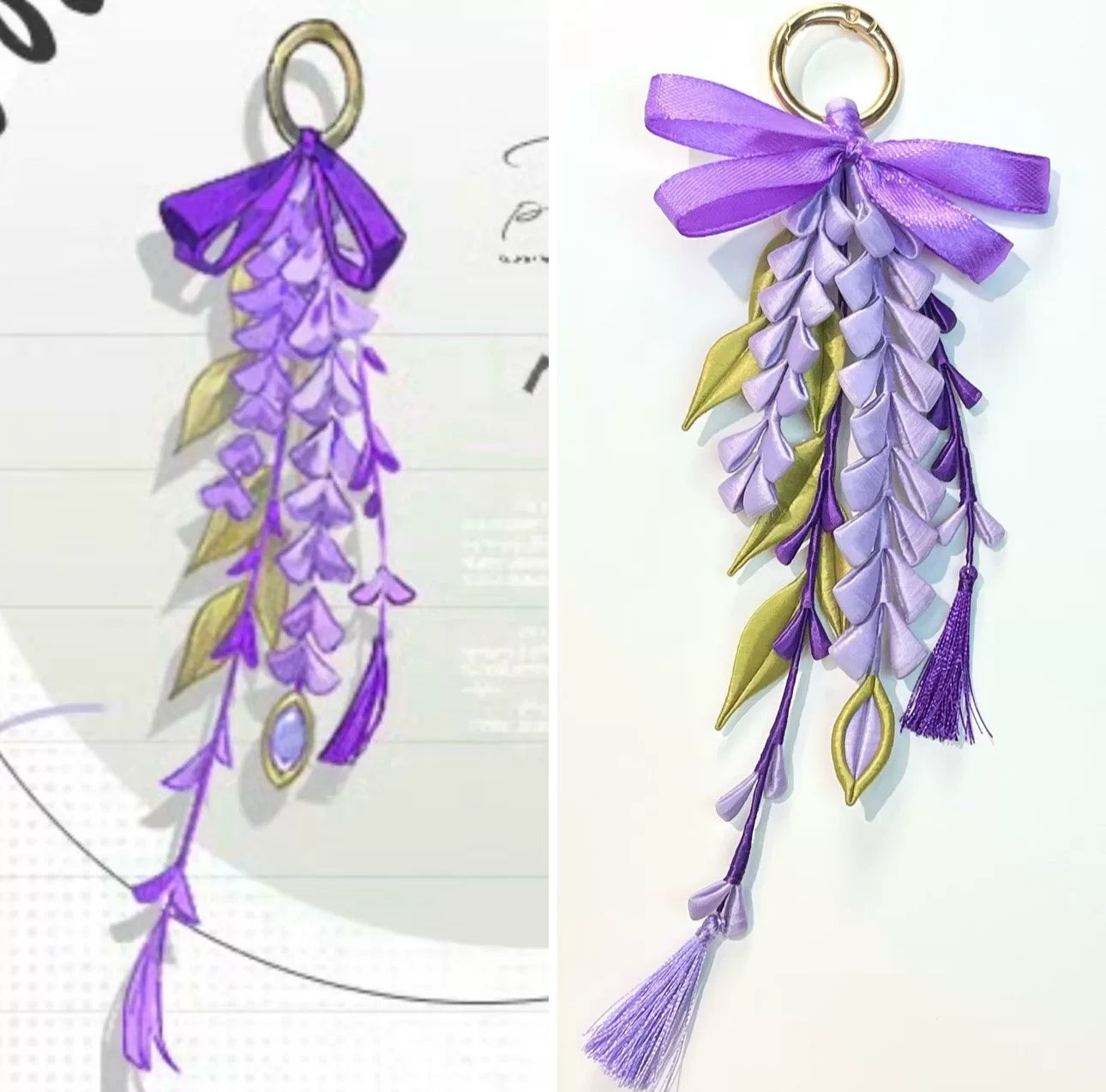 A hand - held purple wisteria keychain with a golden ring and decorative bow-2