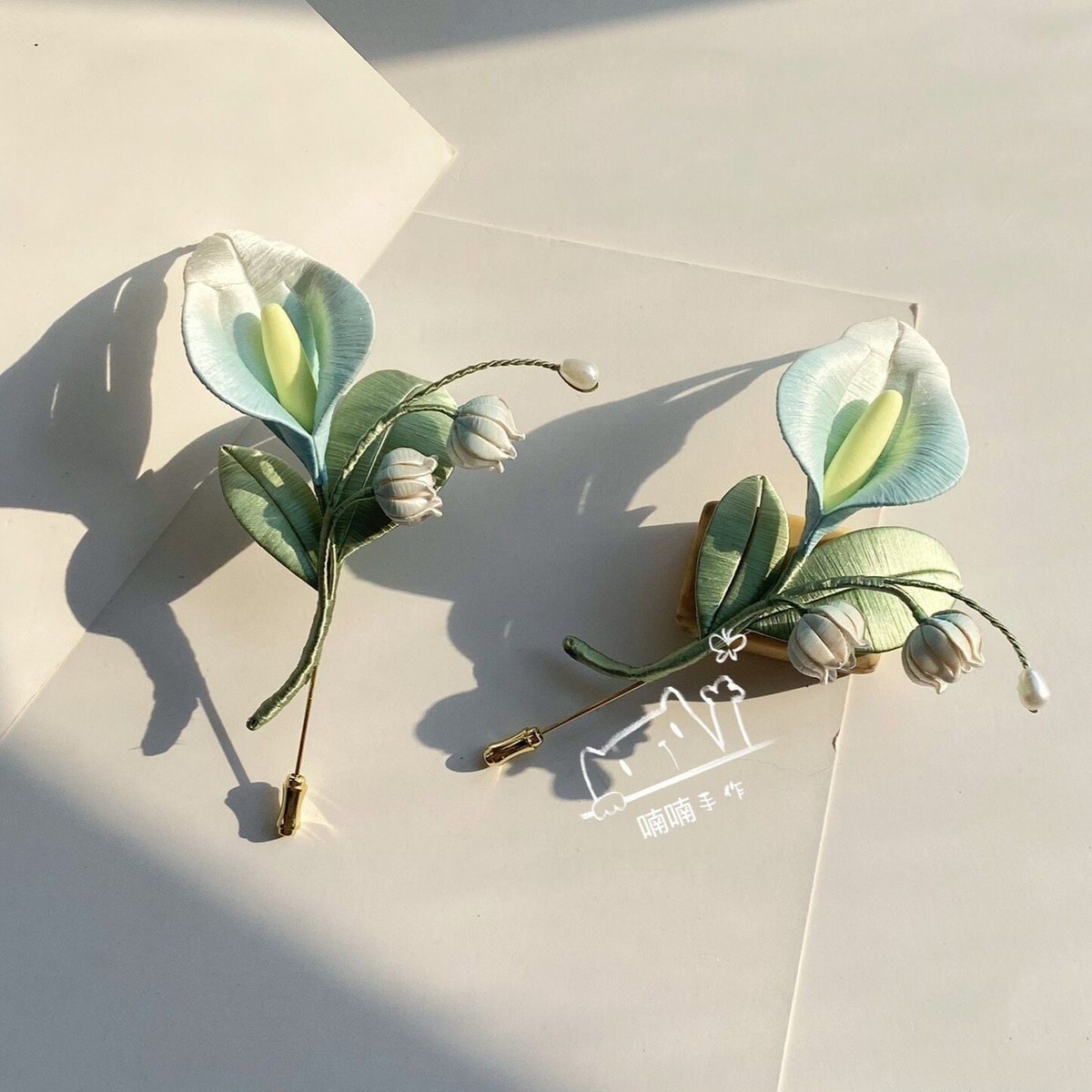 Handmade Chanhua Calla Lily Lily of the Valley - Handcrafted Artisan Floral Brooch
