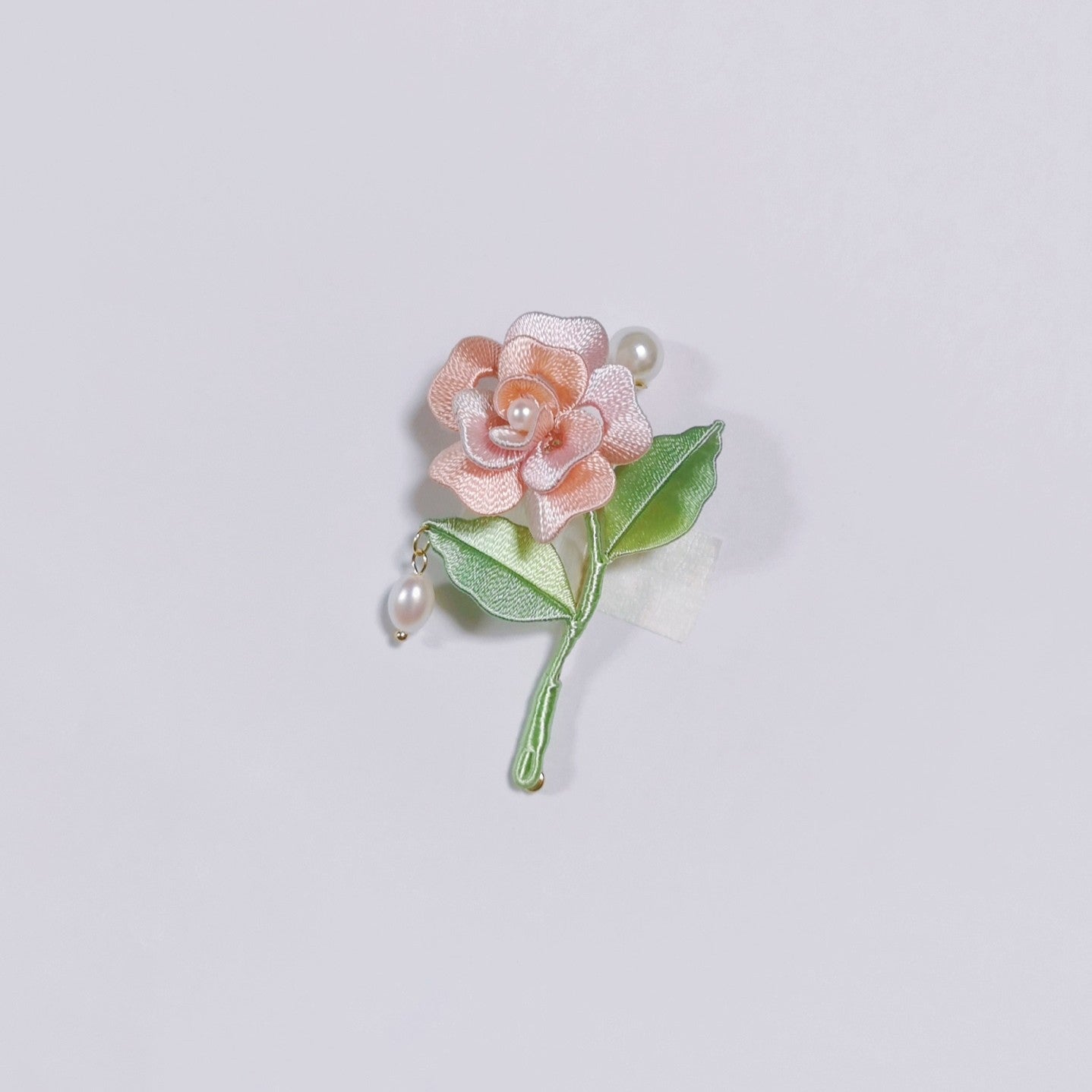 Handmade Chanhua Mini Rose Brooch - Pearl Drop on Stem
