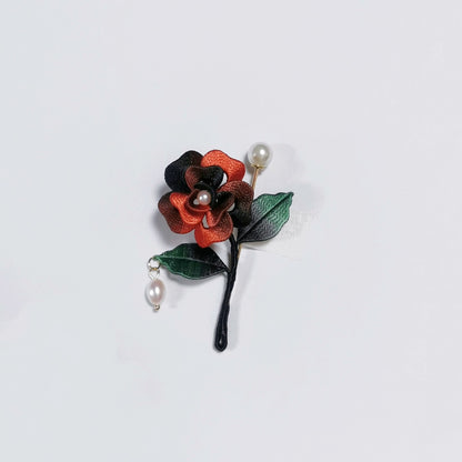Handmade Chanhua Mini Rose Brooch - Pearl Drop on Stem