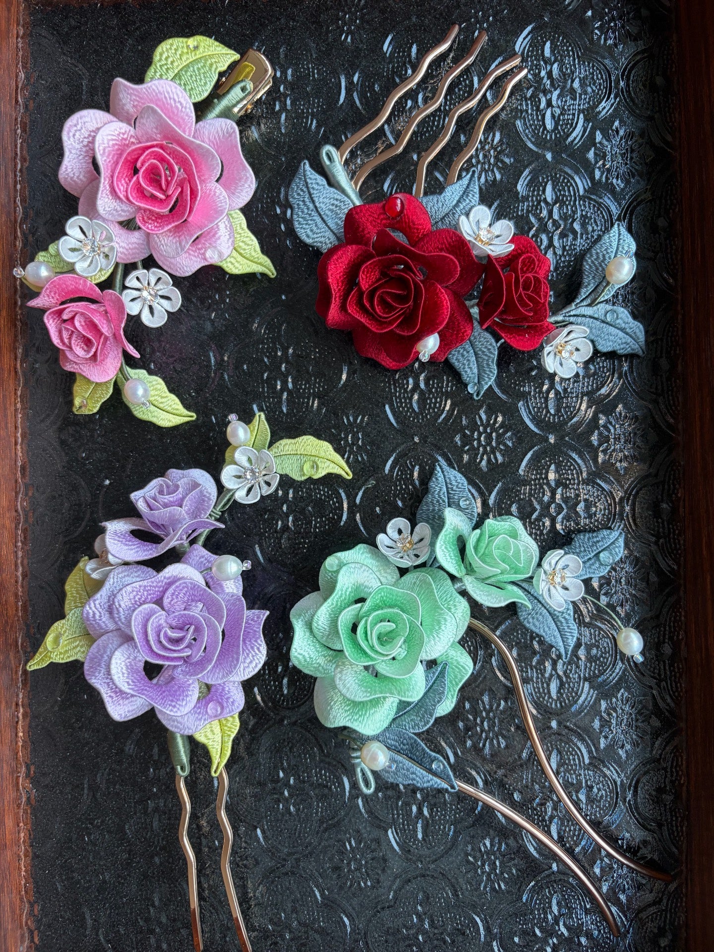 Handmade Chanhua rose hairpins in various colors