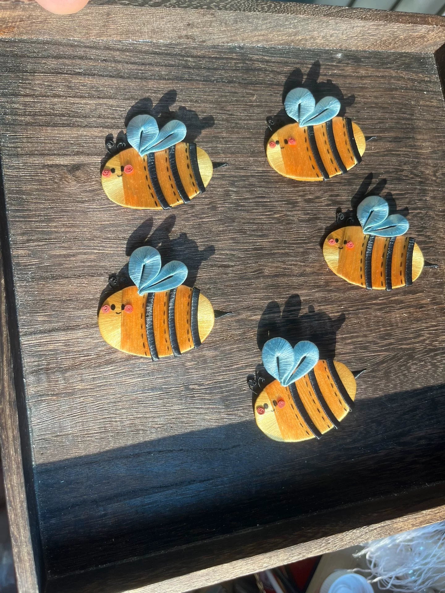 A handmade little bee hair clip that can be used as a brooch, with yellow - black body, blue wings, and cute eyes-5