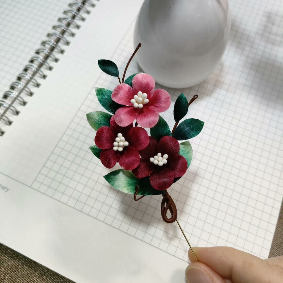 Handmade Ronghua Silk Velvet Three Flower Brooch - Pink and Red Plum Blossom