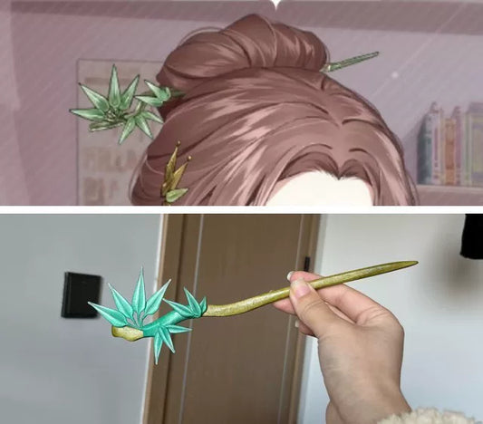 Handmade Chanhua bamboo - leaf hairpin with green leaves and a slender stem
