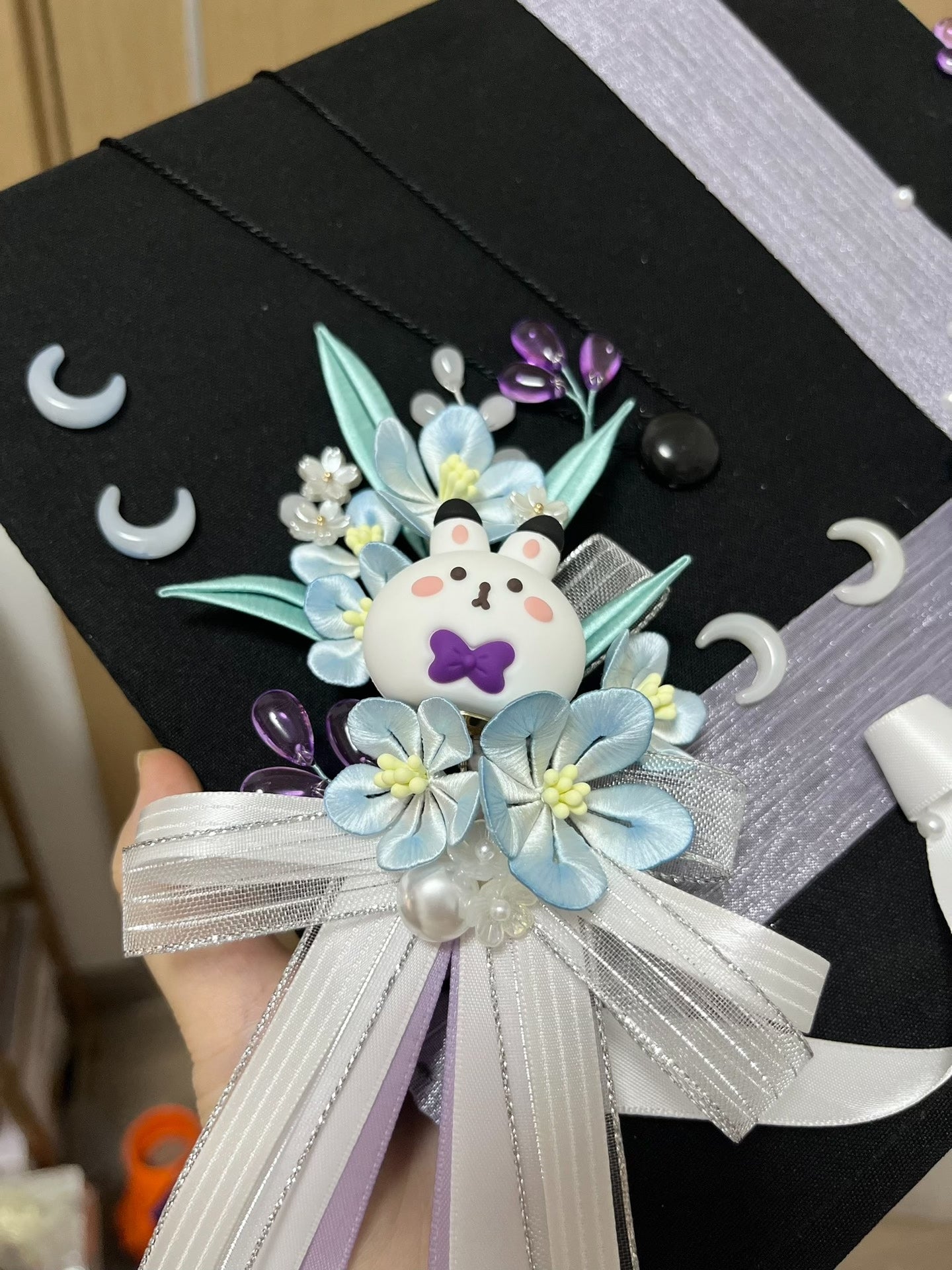 Handmade Chanhua - decorated graduation cap with a cute bunny and floral elements-4