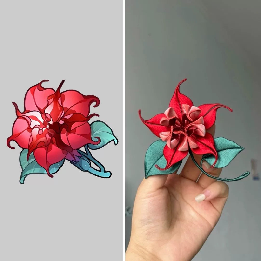 Handmade Chanhua Lu Chen Mandala Flower Brooch with red flower and green leaves