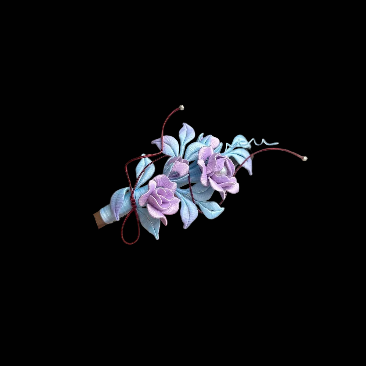 Handcrafted lavender rose Chanhua hair clip with light blue thread-wrapped leaves and delicate wire accents.