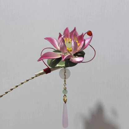 Handmade Thread-Wrapped Lotus Hairpin - Artisanal Chanhua "Whispering Lotus" Accessory