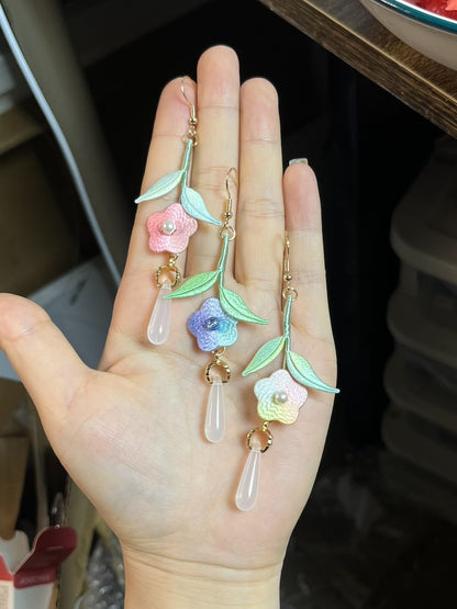 Handmade Chanhua Five - Petal Flower Earrings with pastel flowers, green leaves and white pendants-5