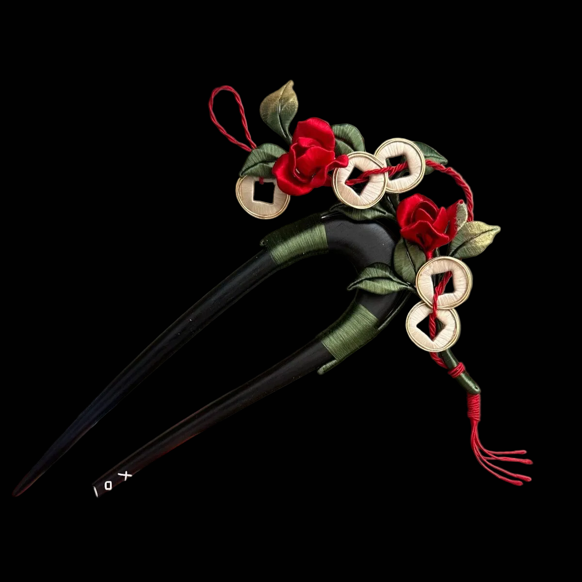 Handcrafted red rose and copper coin Chanhua hairfork with green thread-wrapped leaves and red cord accents.