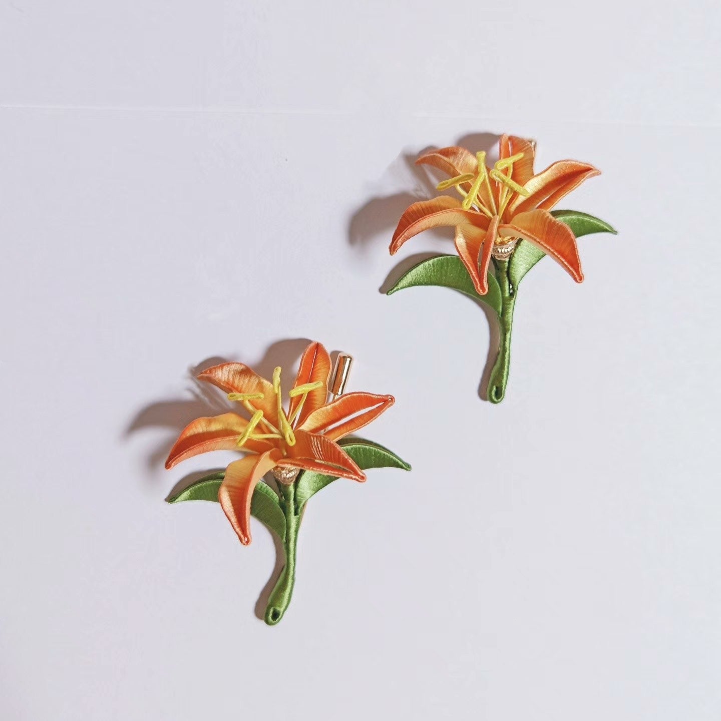 Handmade Chanhua Lily Brooch - Orange Flower & Green Leaves