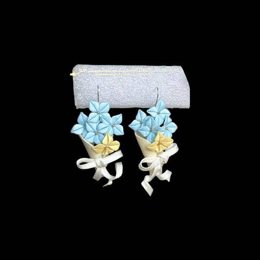 Handcrafted light blue and yellow mini bouquet Chanhua earrings with white thread-wrapped ribbon bows.