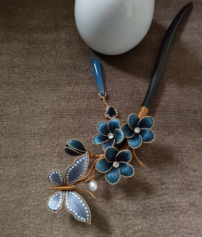 Pince à Cheveux Fleur en Velours de Soie Ronghua Faite à la Main - Prunier Bleu Papillon Accessoire Chinois