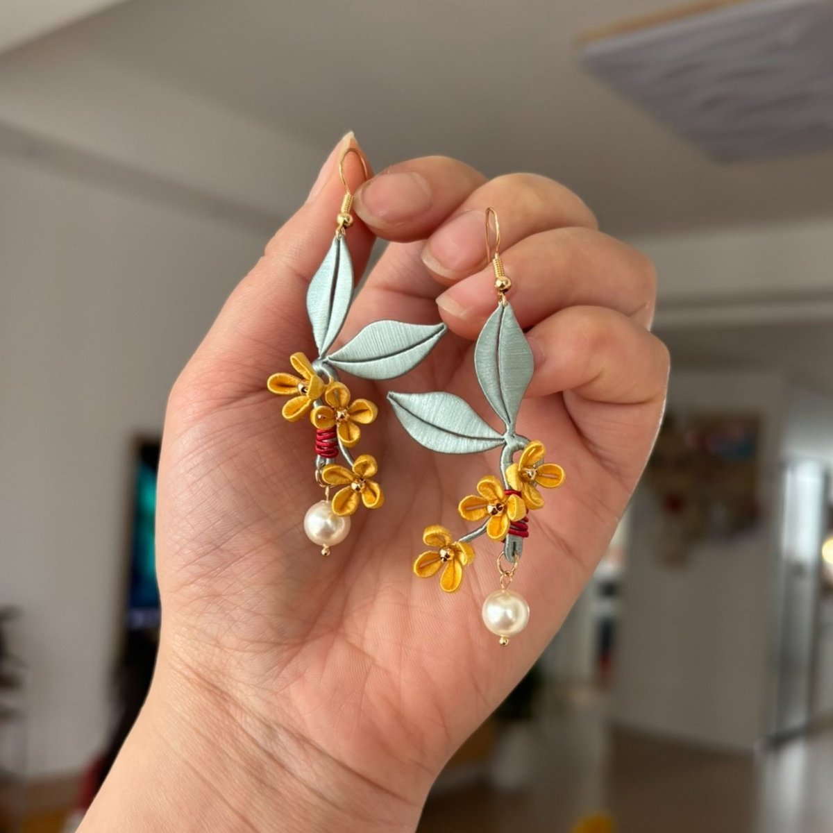 Handmade Chanhua Osmanthus Drop Earrings - Yellow Flowers with Sage Leaves & Pearl