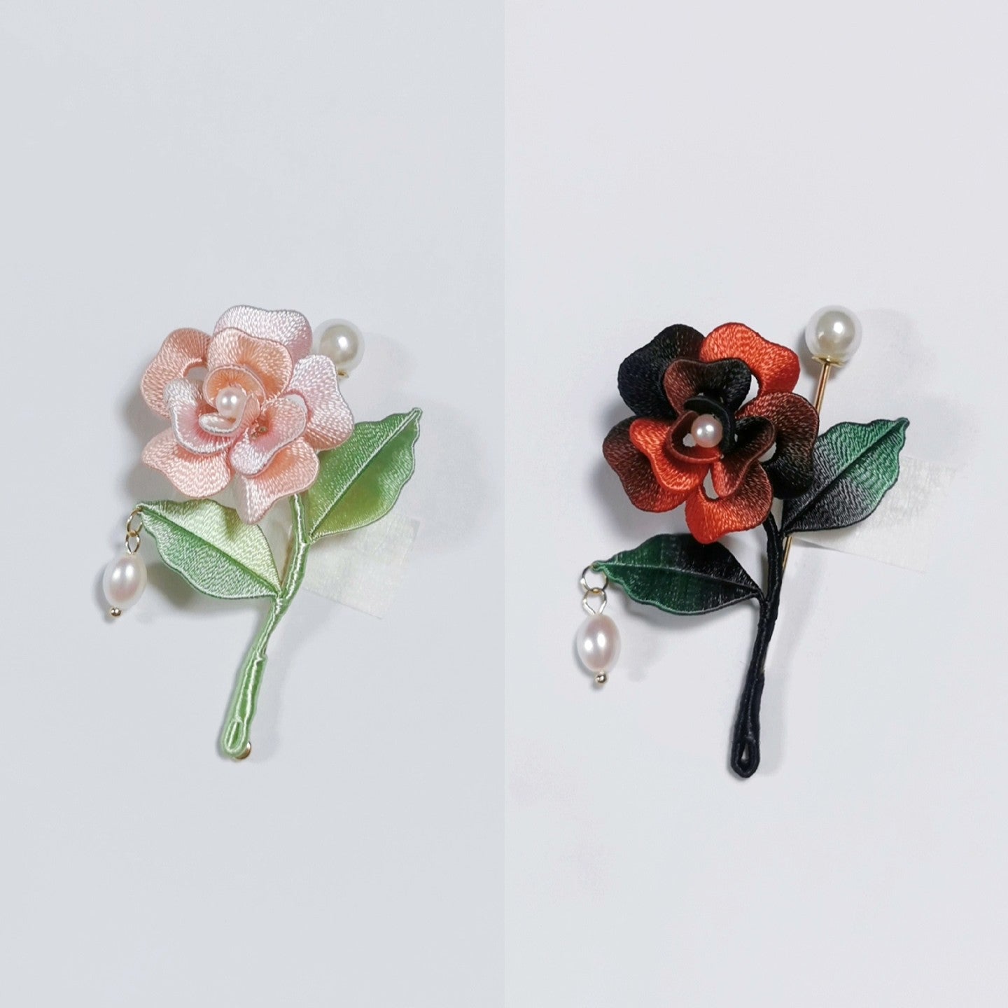 Handmade Chanhua Mini Rose Brooch - Pearl Drop on Stem