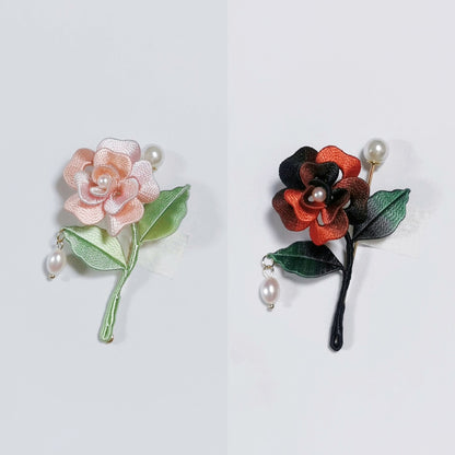 Handmade Chanhua Mini Rose Brooch - Pearl Drop on Stem