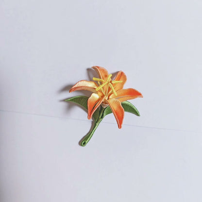 Handmade Chanhua Lily Brooch - Orange Flower & Green Leaves