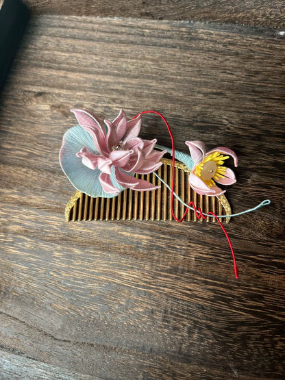Handmade Chanhua lotus hair comb with pink and yellow flowers-4
