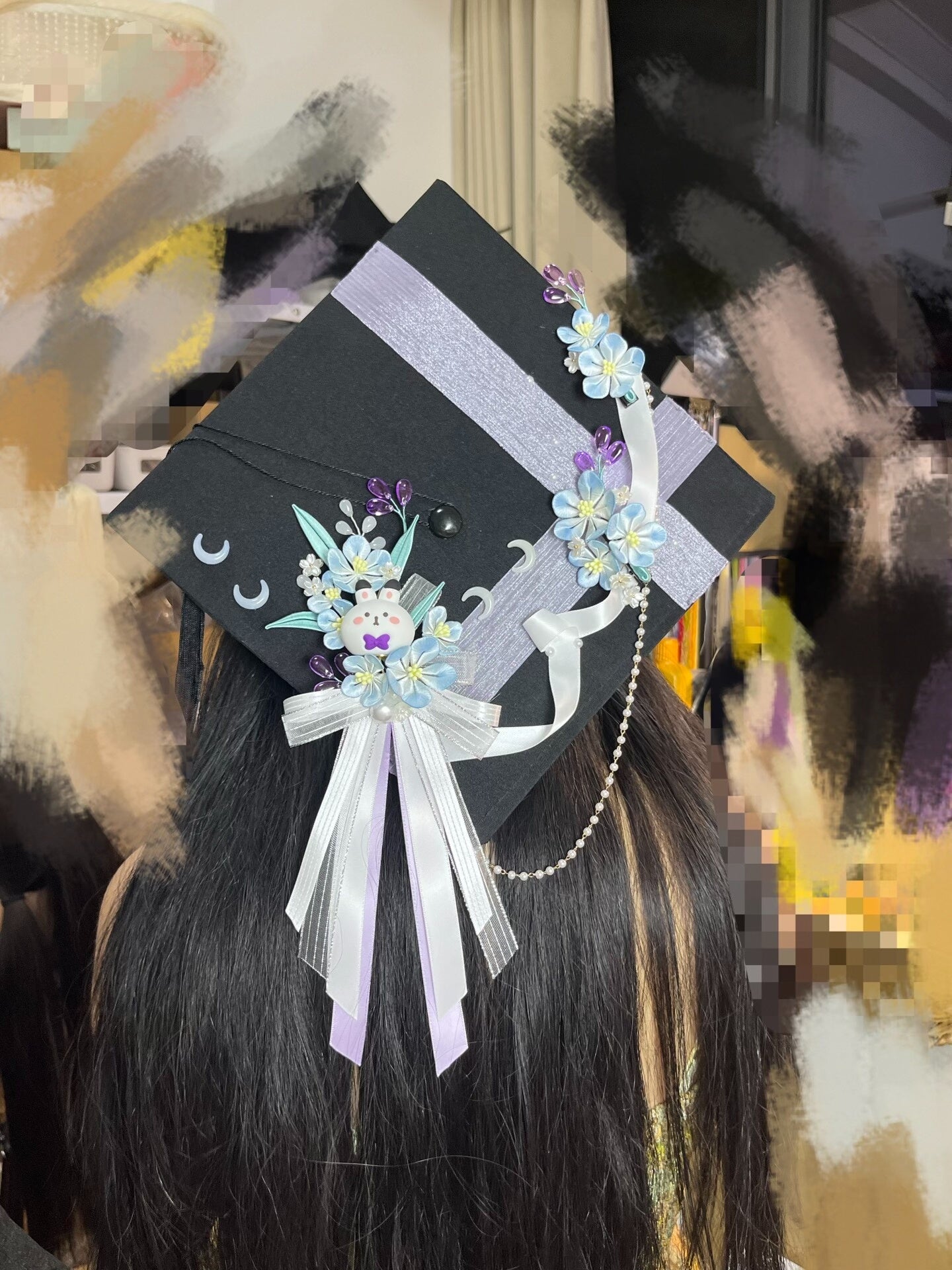 Handmade Chanhua - decorated graduation cap with a cute bunny and floral elements-3
