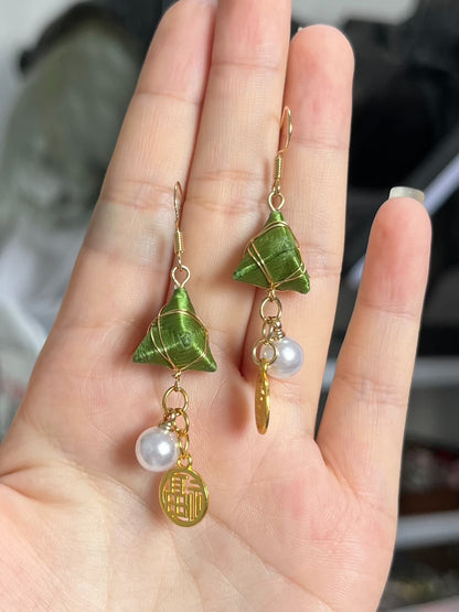 Handmade Chanhua zongzi - shaped earrings and charms with green color, golden accents and lucky "Fu" emblem-5