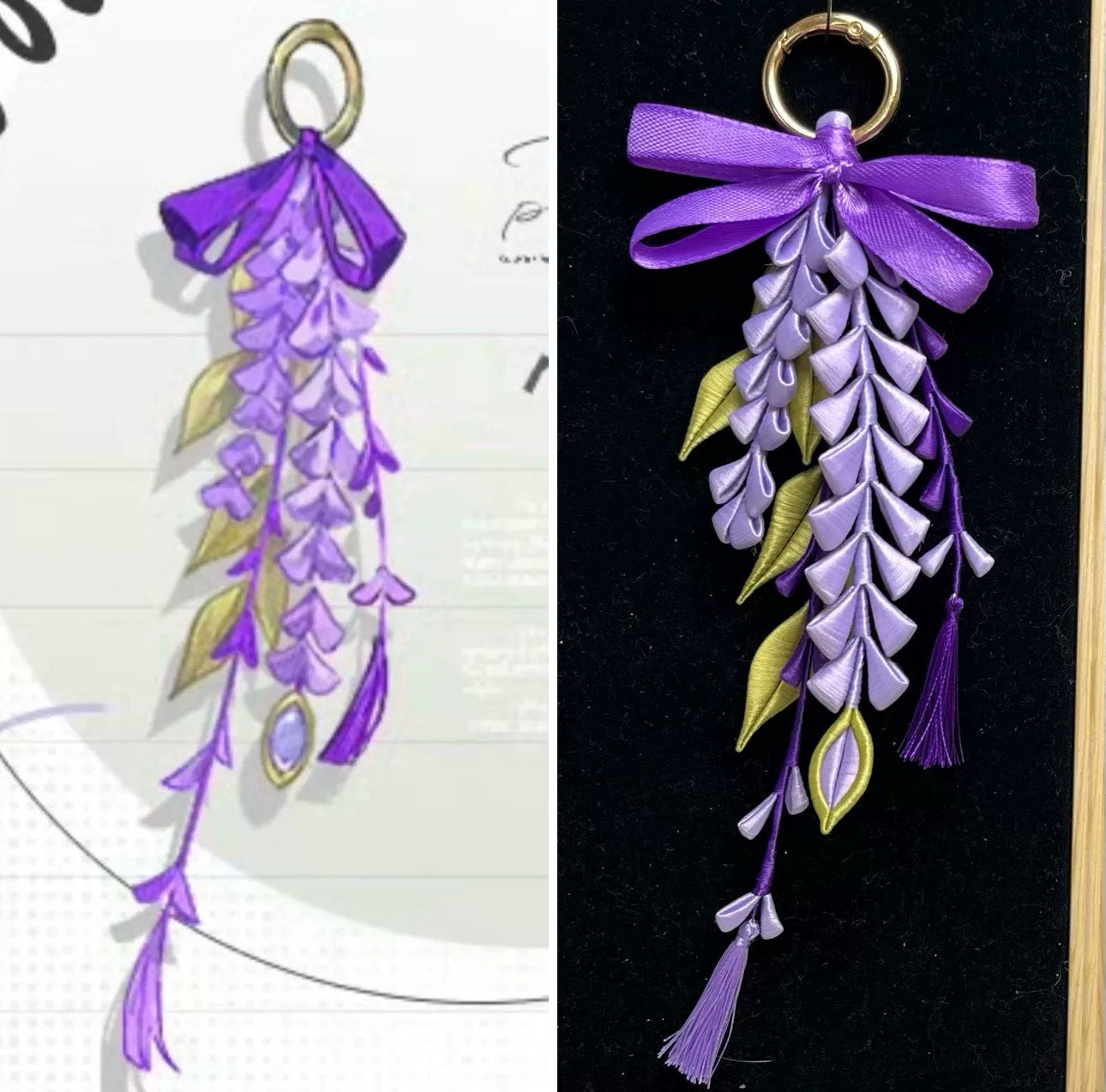 A hand - held purple wisteria keychain with a golden ring and decorative bow-3