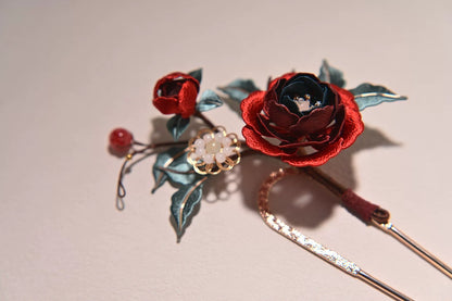 A beautiful black - red gradient peony handmade Chanhua hairpin with leaves and beads-3