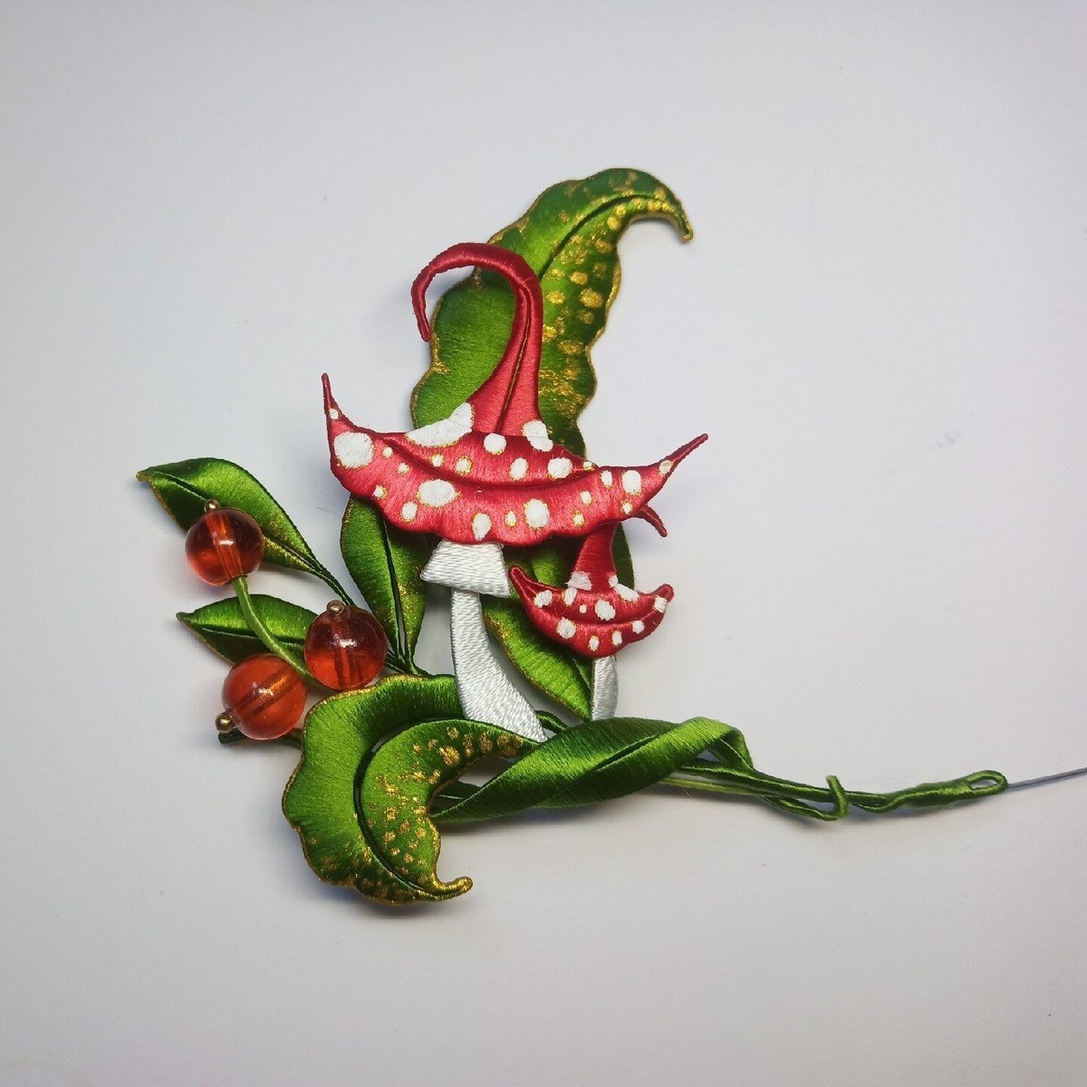 Handmade Thread-Wrapped Mushroom & Red Berry Brooch - Artisanal Chanhua Botanical Pin