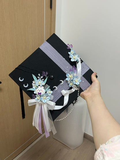 Handmade Chanhua - decorated graduation cap with a cute bunny and floral elements-2