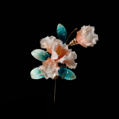 Handmade Ronghua Iris Brooch - Pink & Teal with Gold Detail