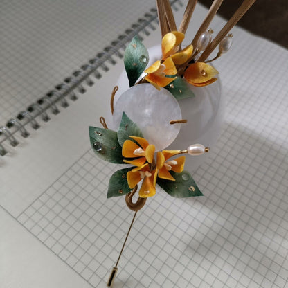 Handmade Ronghua Osmanthus Brooch - Jade Disc & Pearl - Wedding & Daily