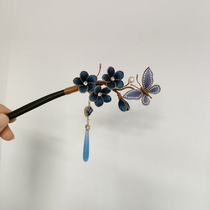Pince à Cheveux Fleur en Velours de Soie Ronghua Faite à la Main - Prunier Bleu Papillon Accessoire Chinois